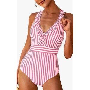 Cupshe Pink & White Striped Ruffle V-Neck One-Piece